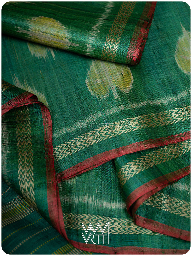 Emerald Mehendi Green Peepal Ikat Handspun Tussar Silk Saree