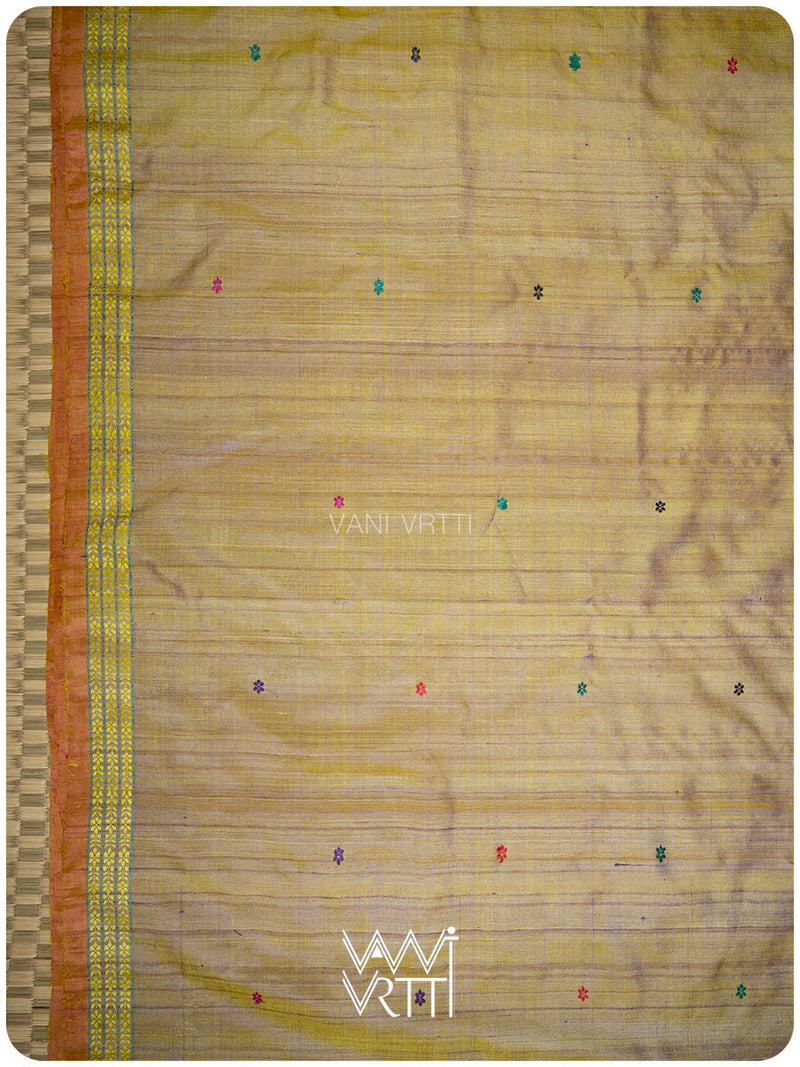 Brown Mustard Yellow Parijat Handspun Tussar Silk Saree
