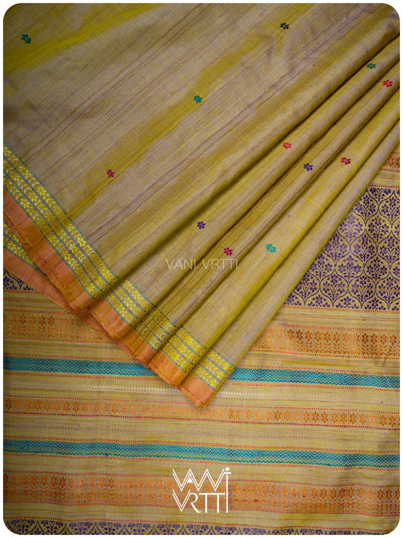 Brown Mustard Yellow Parijat Handspun Tussar Silk Saree