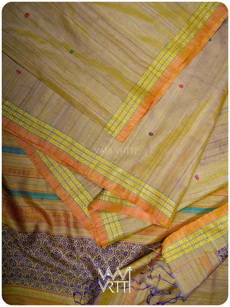 Brown Mustard Yellow Parijat Handspun Tussar Silk Saree