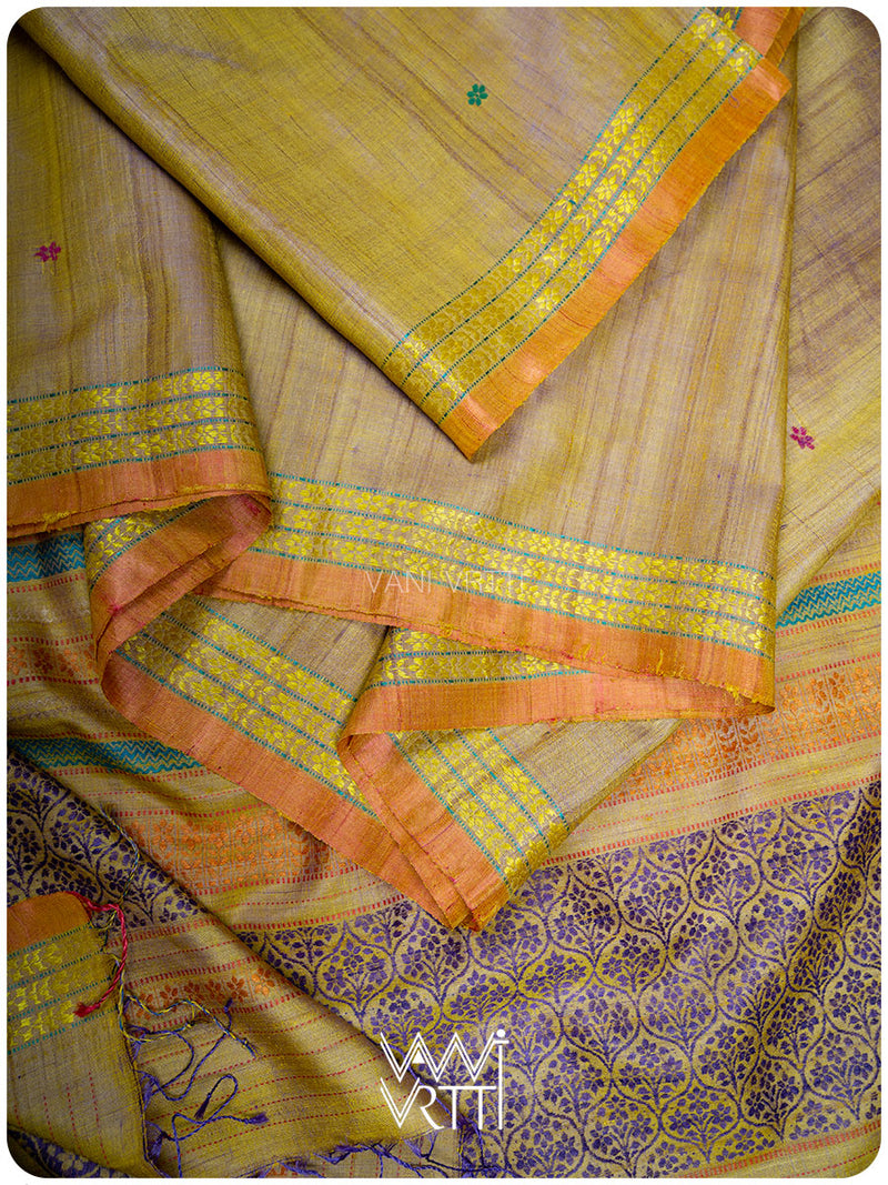 Brown Mustard Yellow Parijat Handspun Tussar Silk Saree