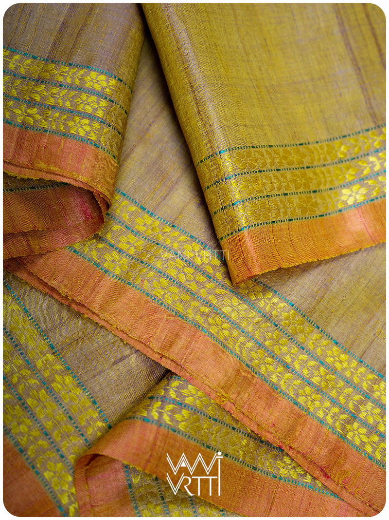 Brown Mustard Yellow Parijat Handspun Tussar Silk Saree