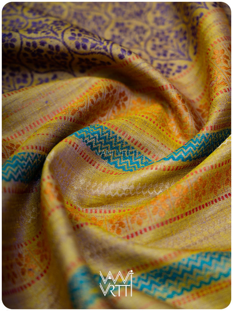 Brown Mustard Yellow Parijat Handspun Tussar Silk Saree