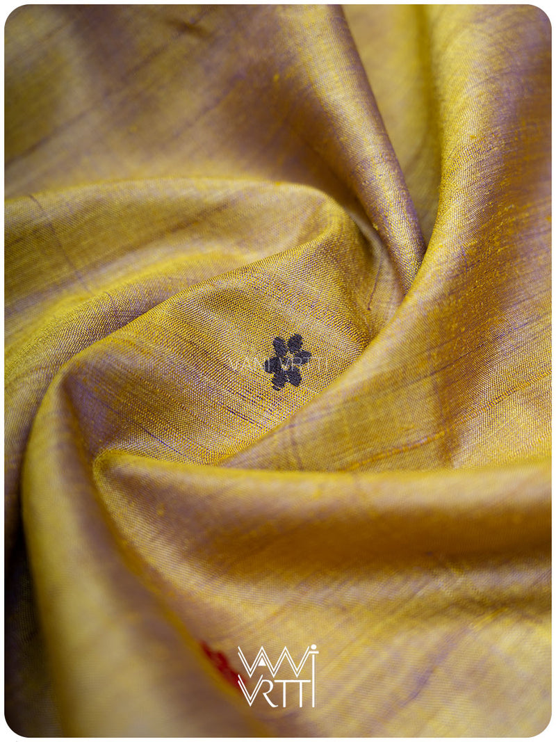 Brown Mustard Yellow Parijat Handspun Tussar Silk Saree