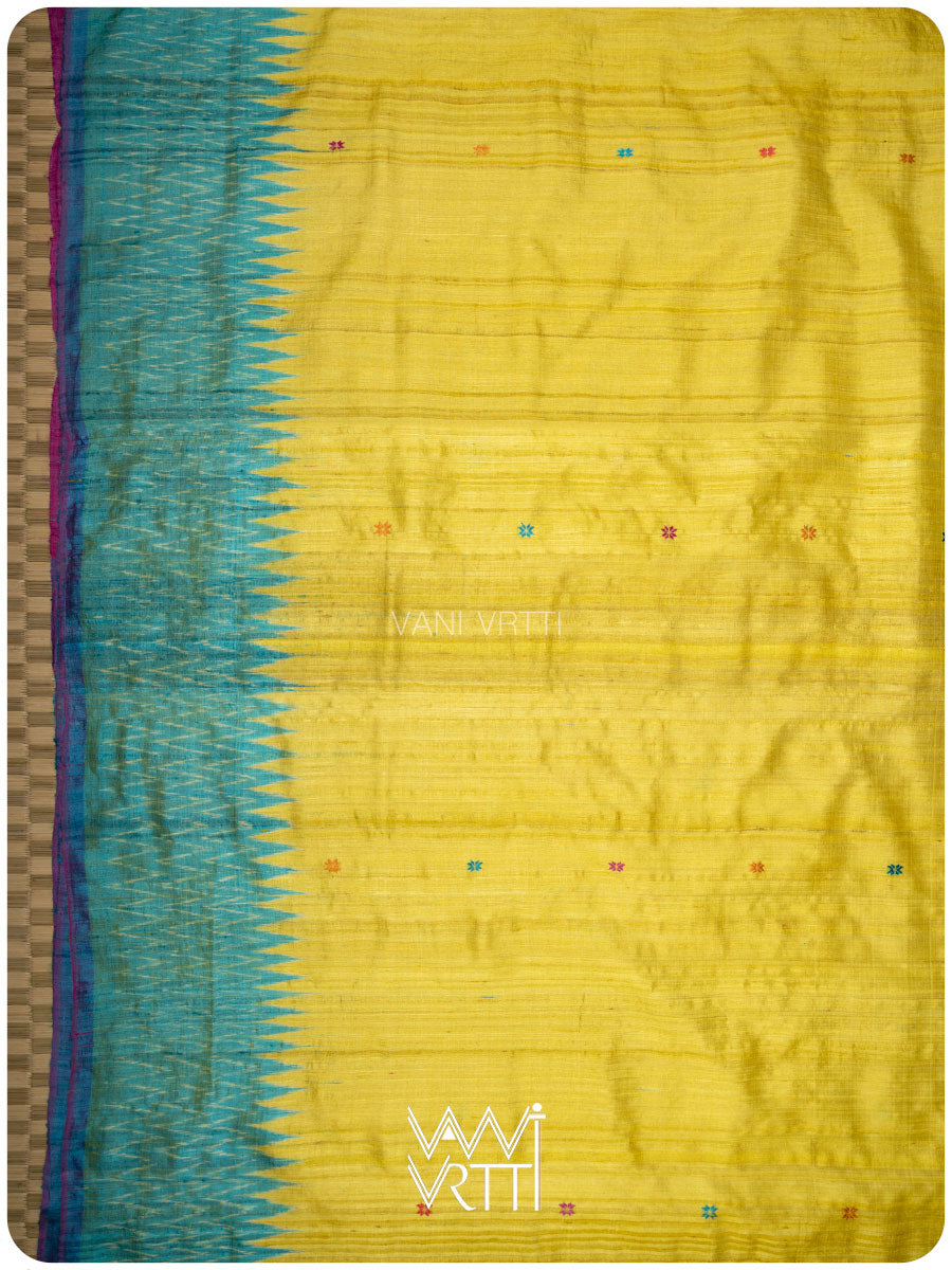 Yellow Sea Blue Pink Anjana Handspun Tussar Silk Saree