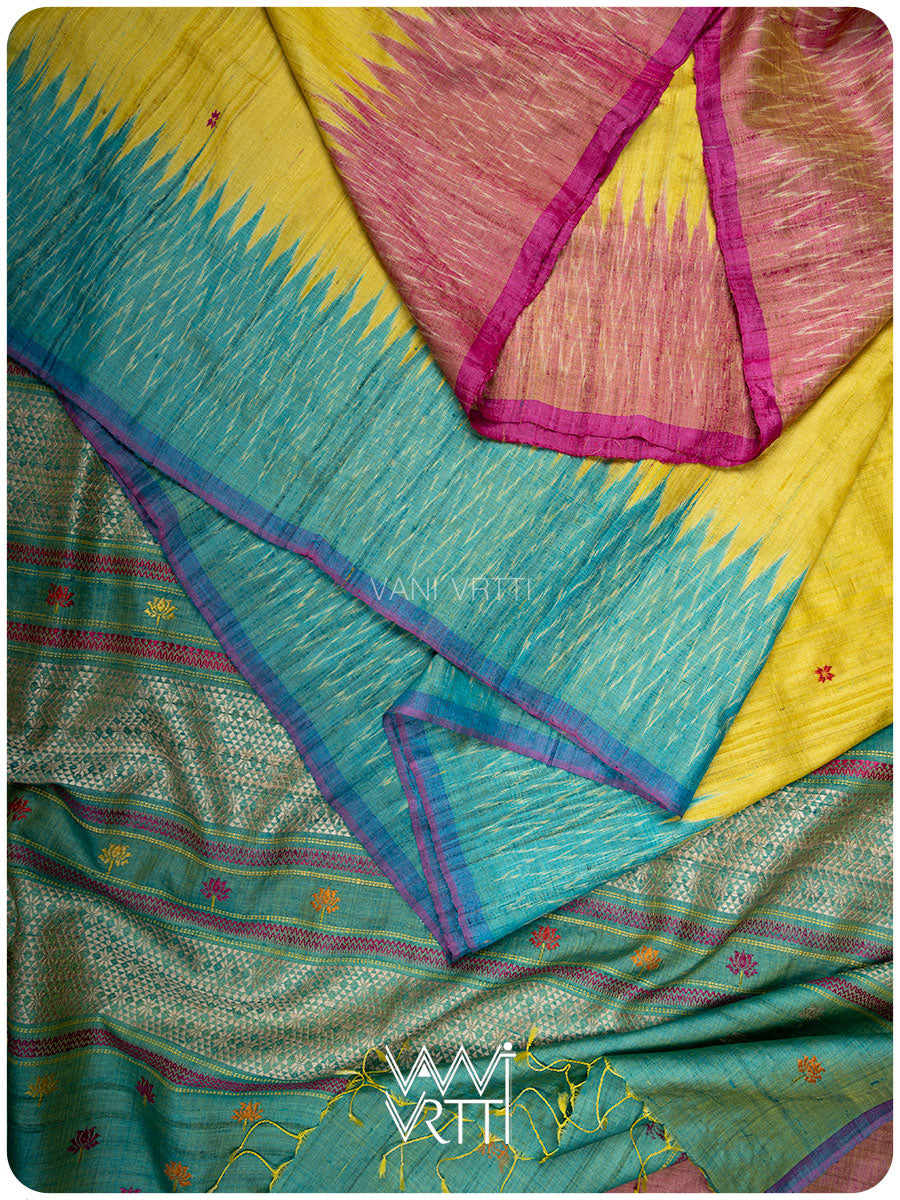 Yellow Sea Blue Pink Anjana Handspun Tussar Silk Saree