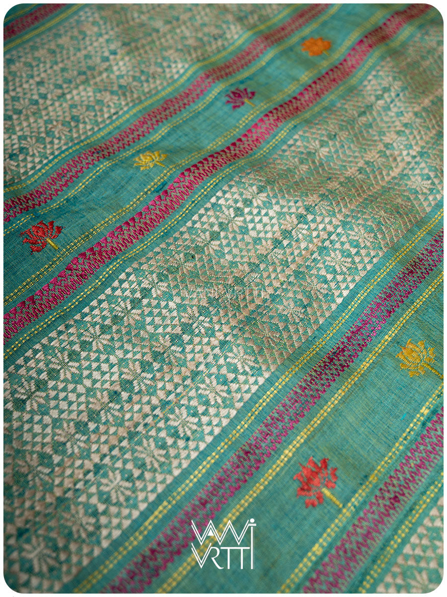 Yellow Sea Blue Pink Anjana Handspun Tussar Silk Saree