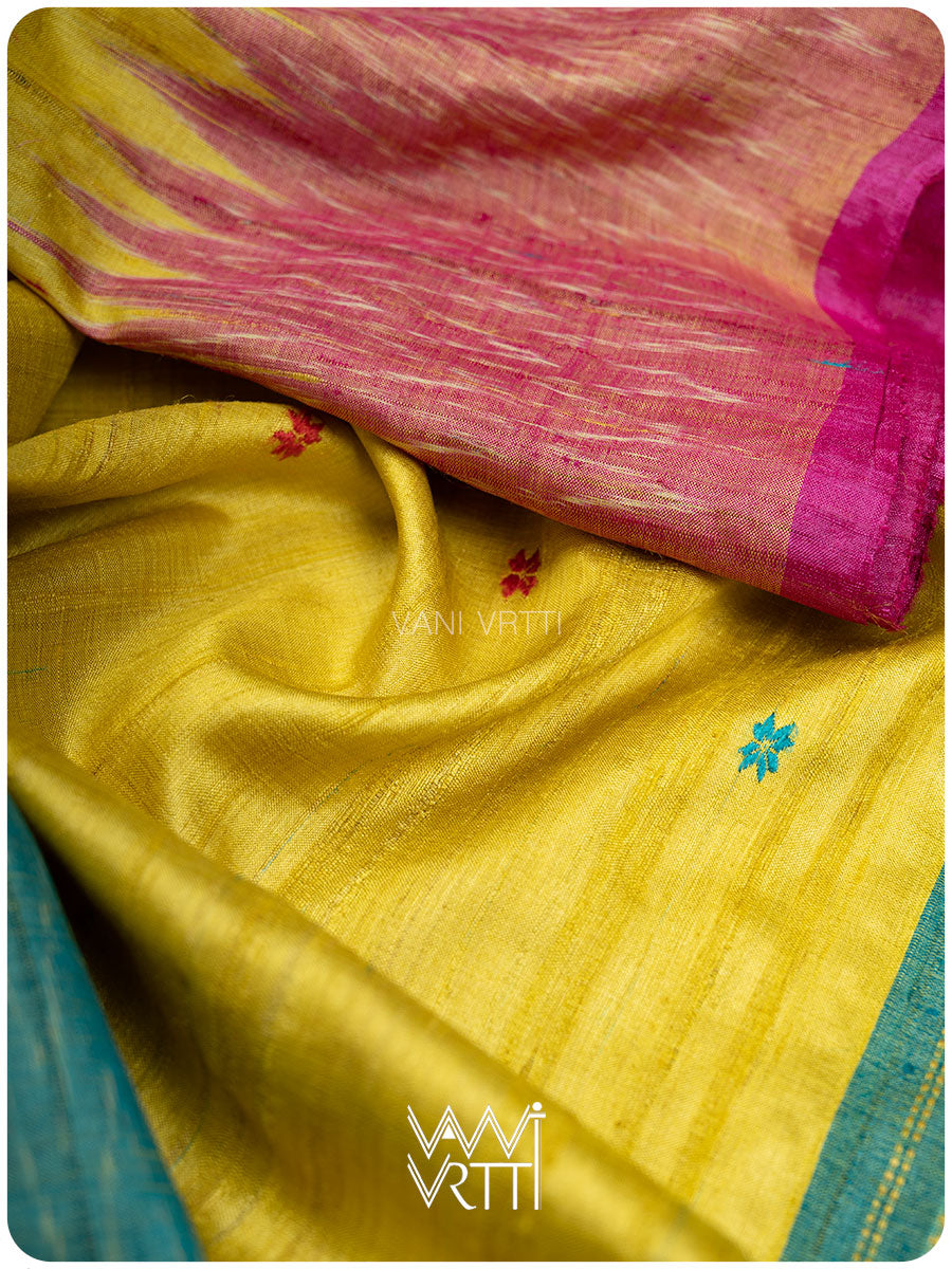 Yellow Sea Blue Pink Anjana Handspun Tussar Silk Saree