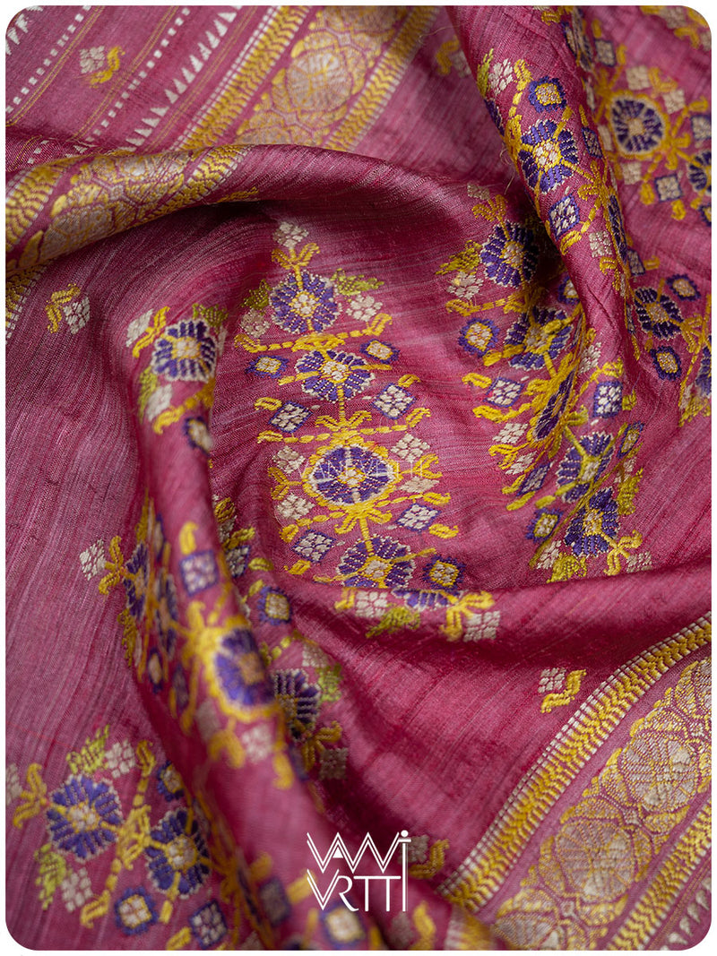 Rose Pink Brahma Kamal Master Weave Exclusive Handspun Tussar Silk Saree