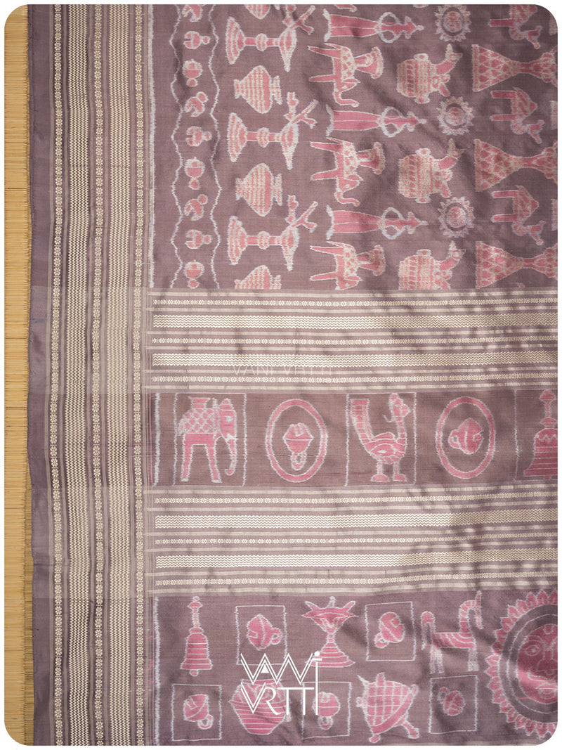 Dhokra Art Prakritik Lac & Tea Natural Dyed Mulberry Silk Ikat Saree