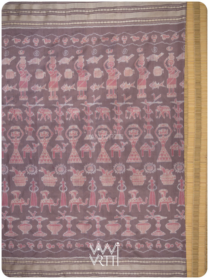 Dhokra Art Prakritik Lac & Tea Natural Dyed Mulberry Silk Ikat Saree