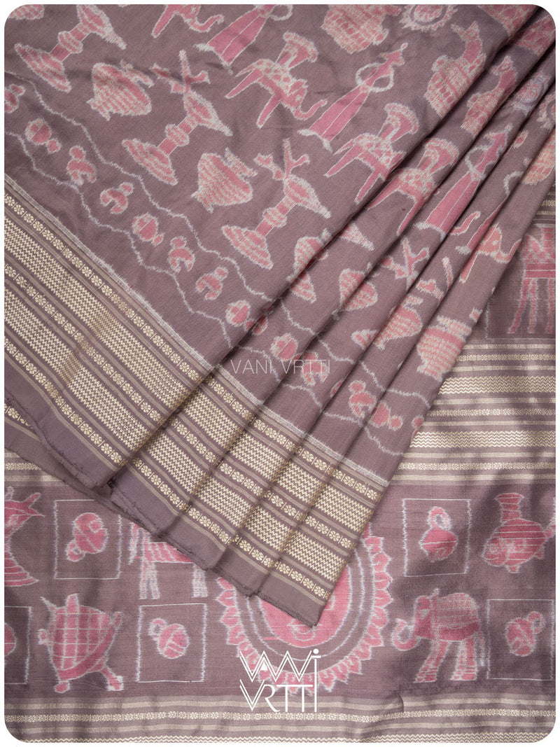 Dhokra Art Prakritik Lac & Tea Natural Dyed Mulberry Silk Ikat Saree