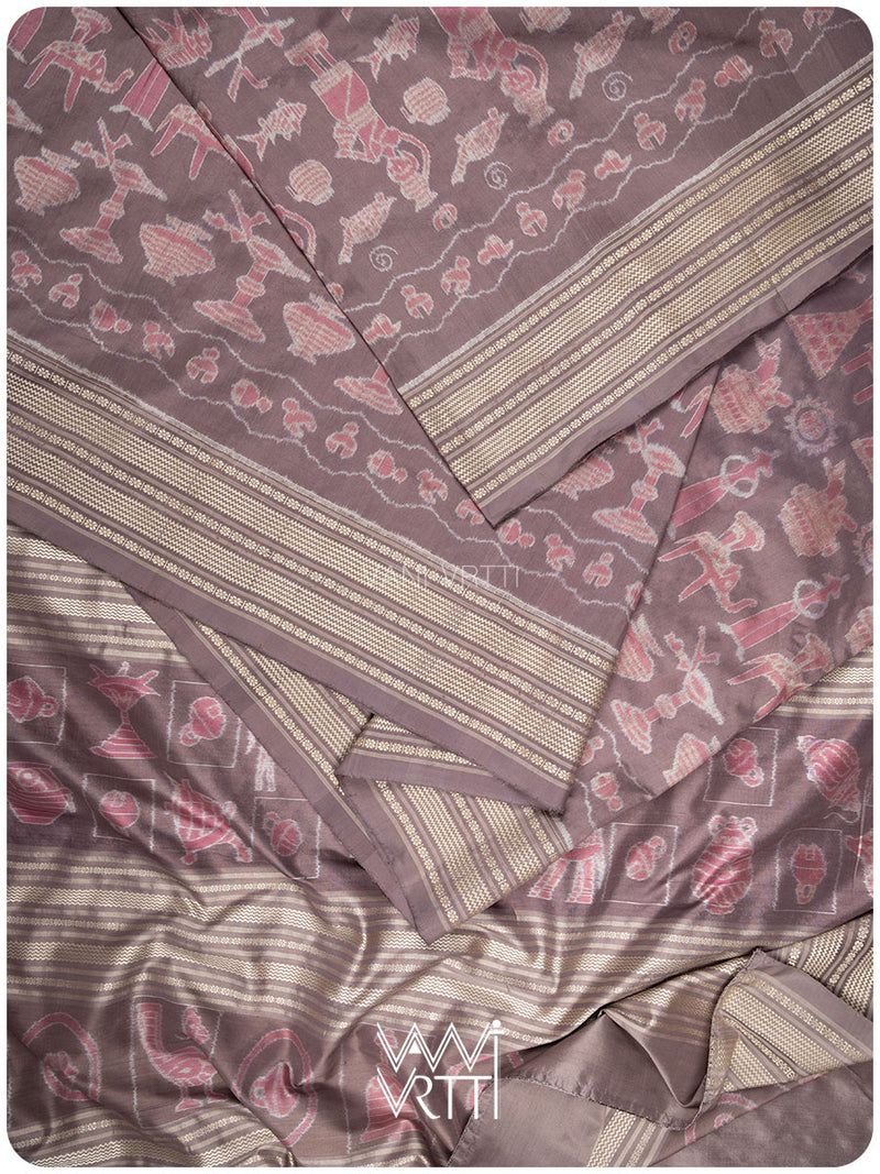 Dhokra Art Prakritik Lac & Tea Natural Dyed Mulberry Silk Ikat Saree
