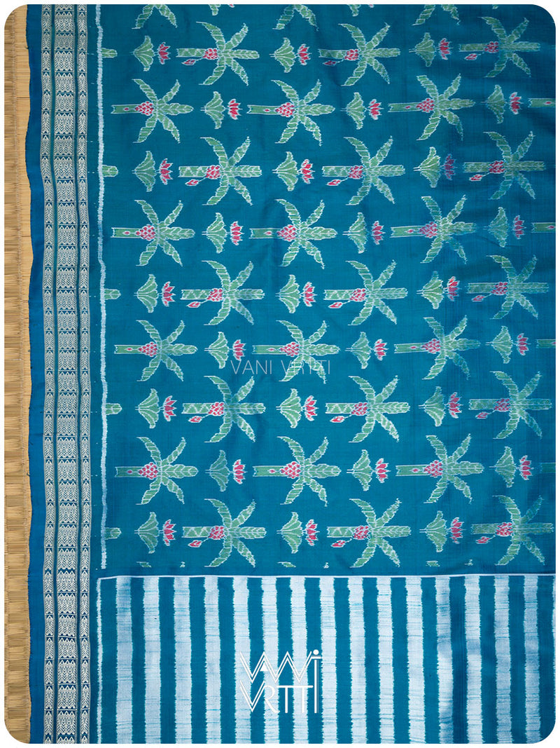 Pichwai Inspired Firozi Banana Tree Ikat Mulberry Silk Saree