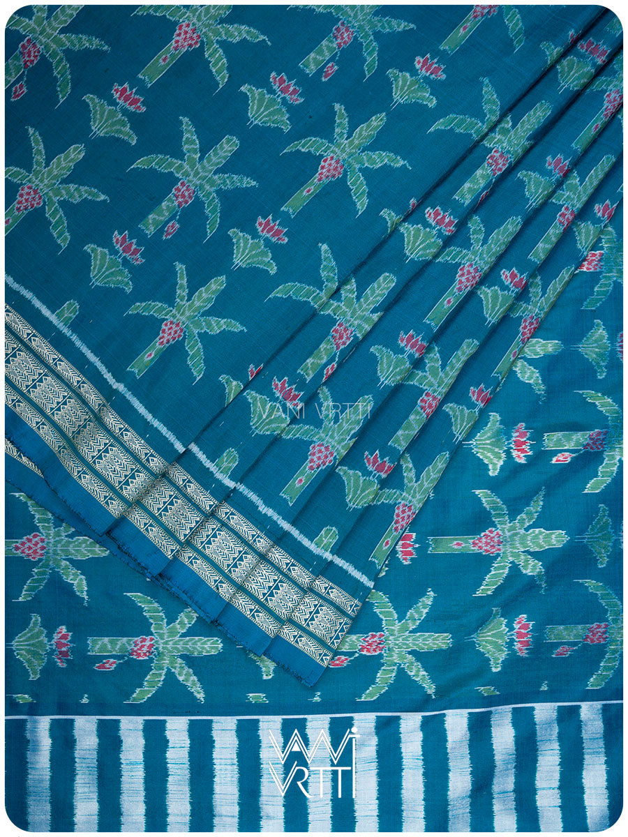 Pichwai Inspired Firozi Banana Tree Ikat Mulberry Silk Saree