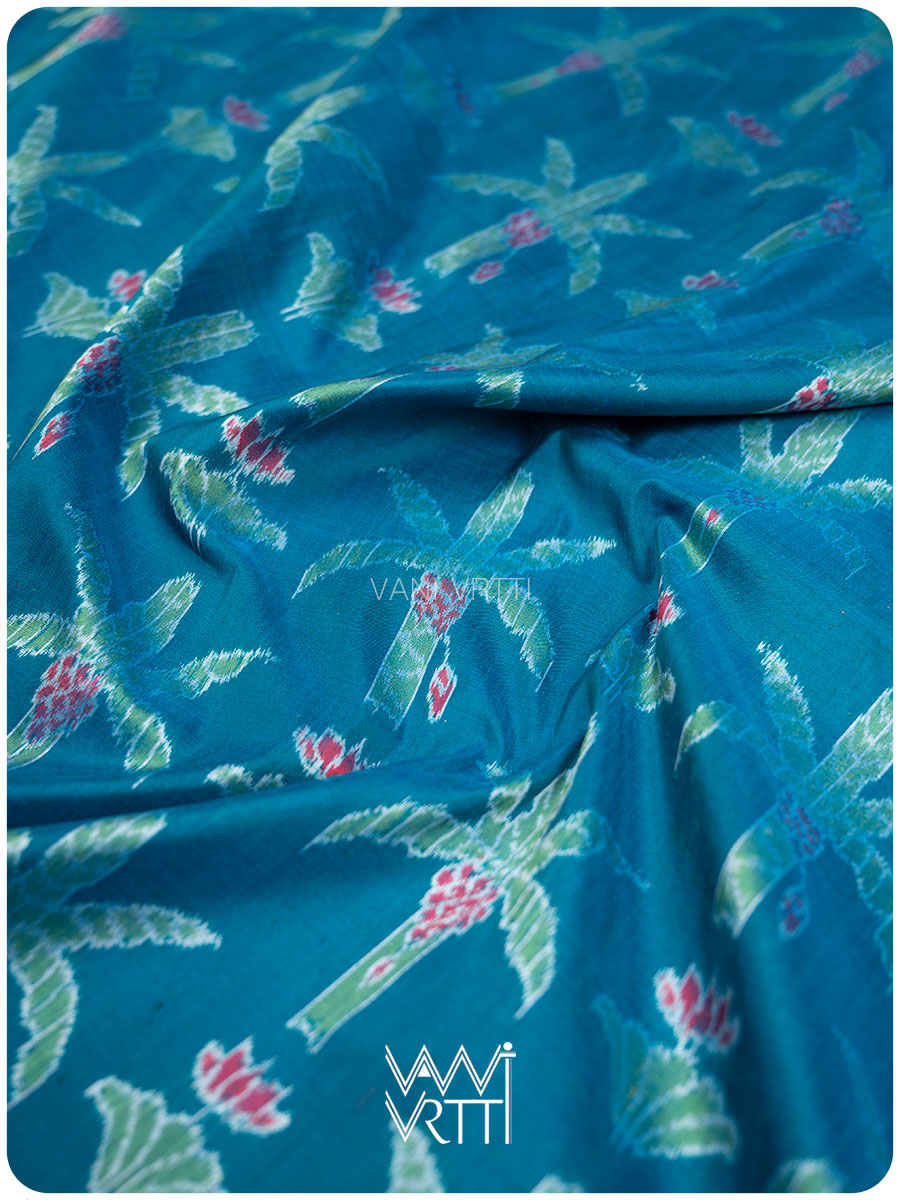 Pichwai Inspired Firozi Banana Tree Ikat Mulberry Silk Saree