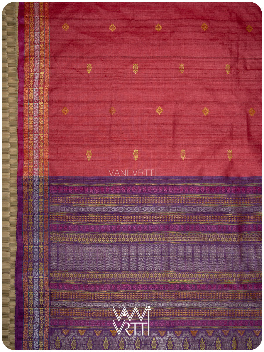 Laal Baingani Matsya Kachhap Handspun Tussar Silk Saree