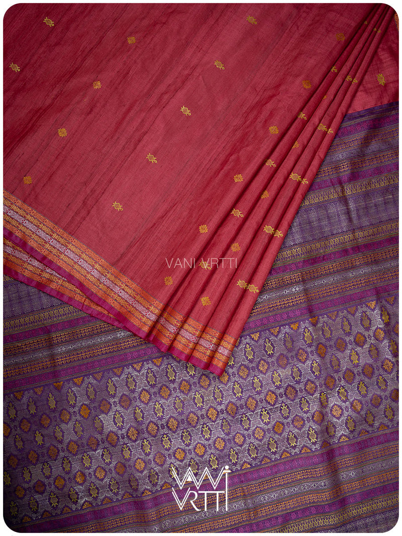 Laal Baingani Matsya Kachhap Handspun Tussar Silk Saree