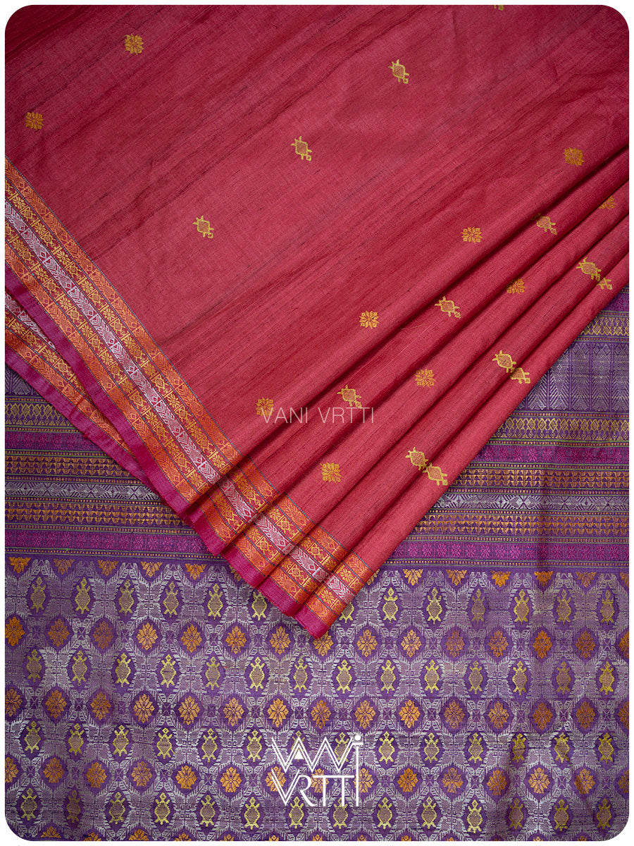 Laal Baingani Matsya Kachhap Handspun Tussar Silk Saree