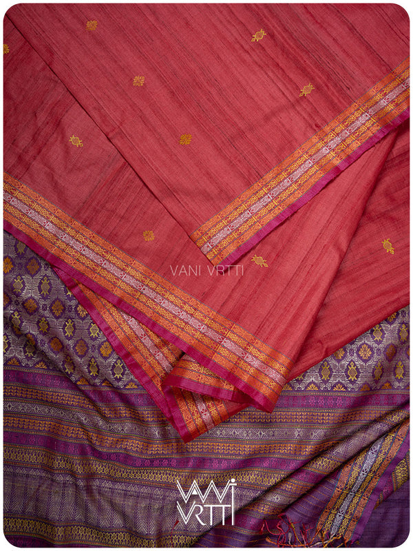 Laal Baingani Matsya Kachhap Handspun Tussar Silk Saree