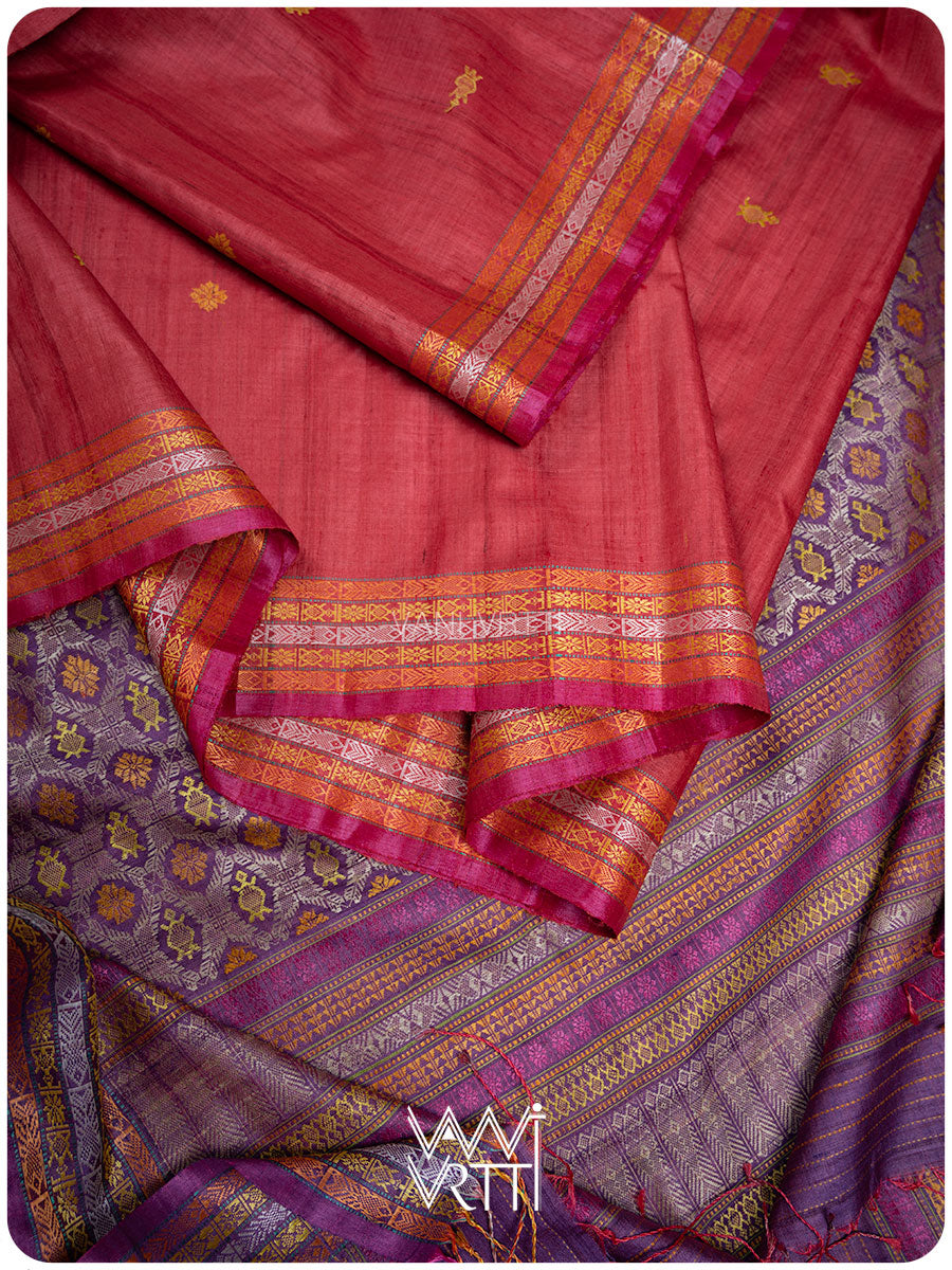 Laal Baingani Matsya Kachhap Handspun Tussar Silk Saree