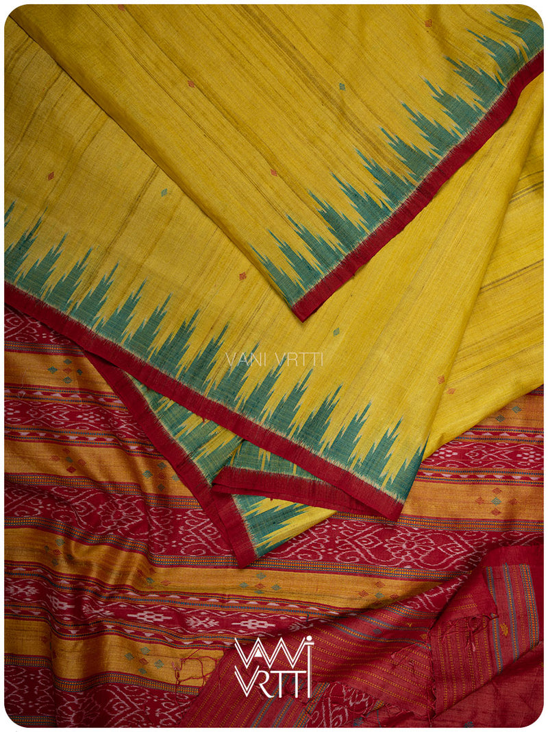Banana Yellow Turquoise Nadi Handspun Tussar Silk Saree