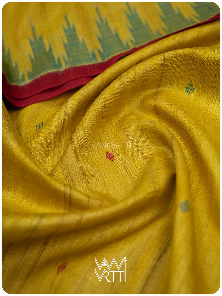 Banana Yellow Turquoise Nadi Handspun Tussar Silk Saree