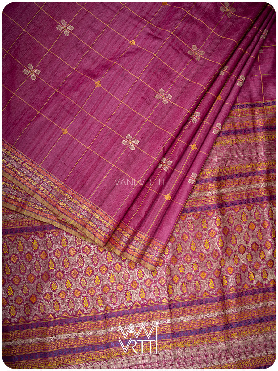 Deep Magenta Matsya Kachhap Checks Handspun Tussar Silk Saree