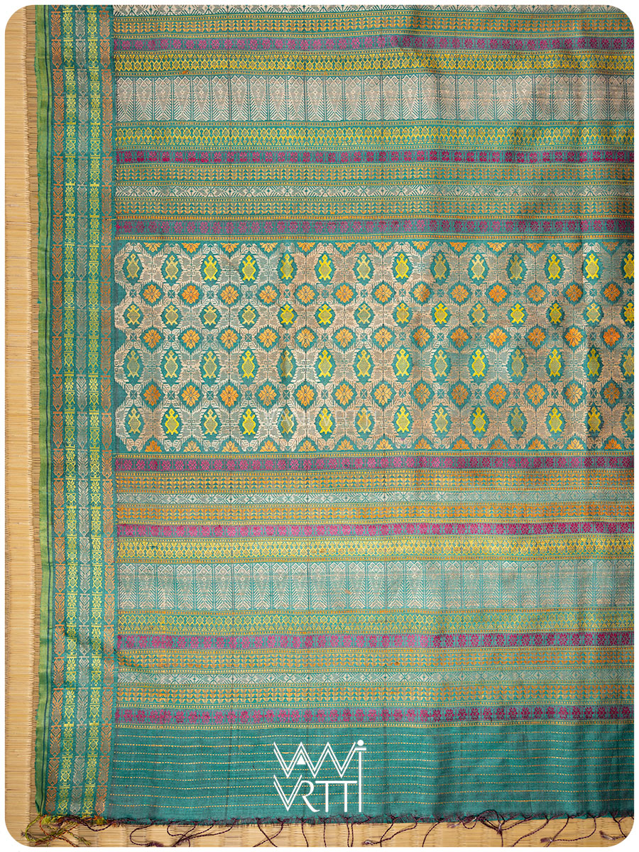 Emerald Green Matsya Kachhap Checks Handspun Tussar Silk Saree