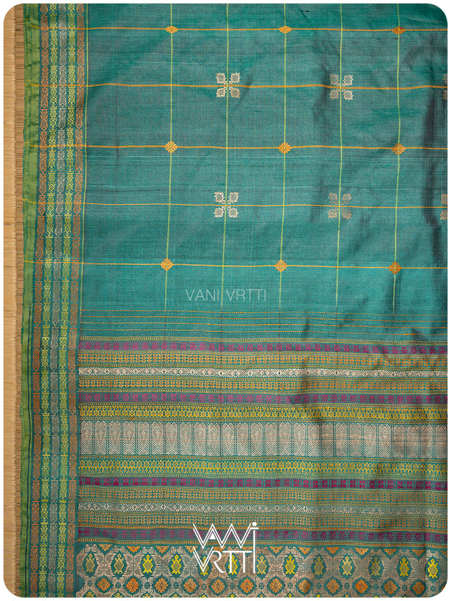 Emerald Green Matsya Kachhap Checks Handspun Tussar Silk Saree