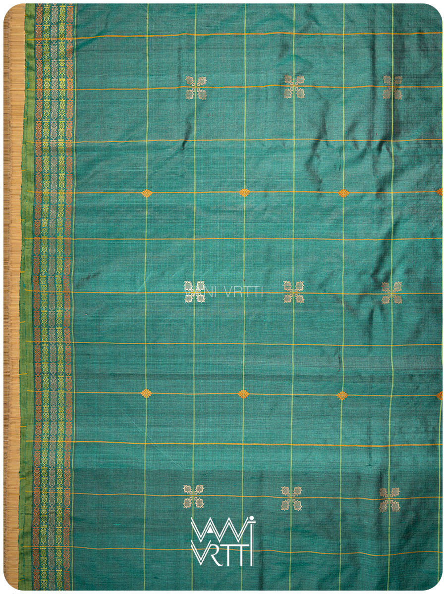 Emerald Green Matsya Kachhap Checks Handspun Tussar Silk Saree