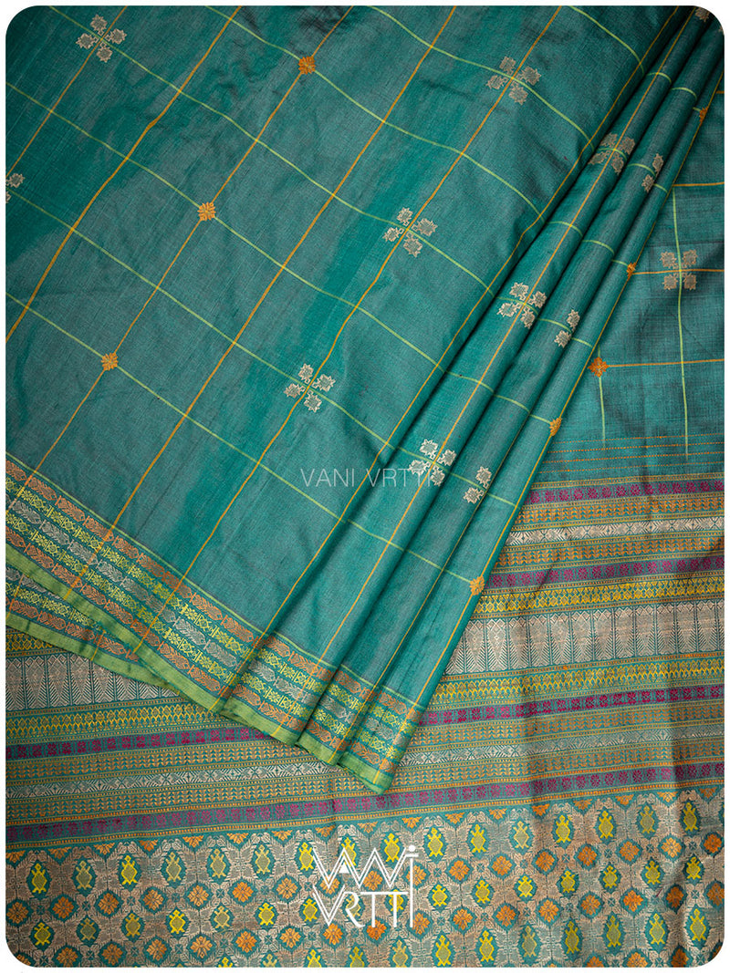 Emerald Green Matsya Kachhap Checks Handspun Tussar Silk Saree