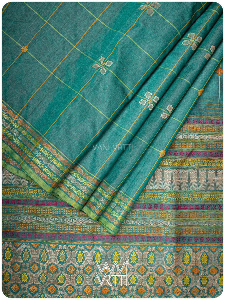 Emerald Green Matsya Kachhap Checks Handspun Tussar Silk Saree