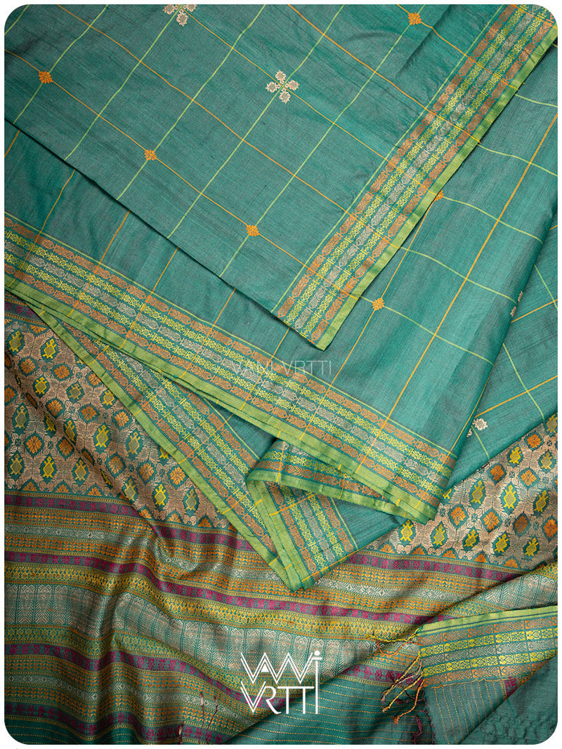 Emerald Green Matsya Kachhap Checks Handspun Tussar Silk Saree