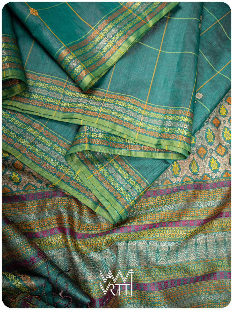 Emerald Green Matsya Kachhap Checks Handspun Tussar Silk Saree