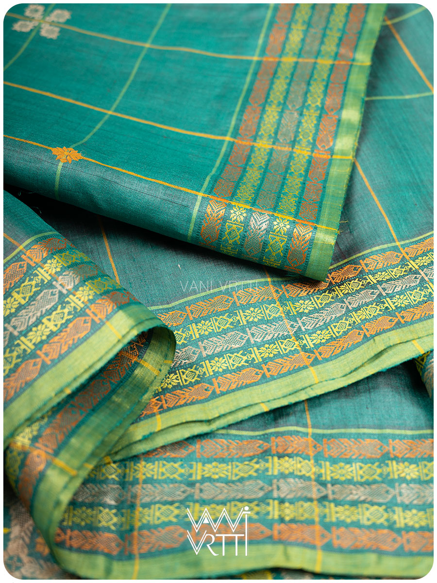 Emerald Green Matsya Kachhap Checks Handspun Tussar Silk Saree