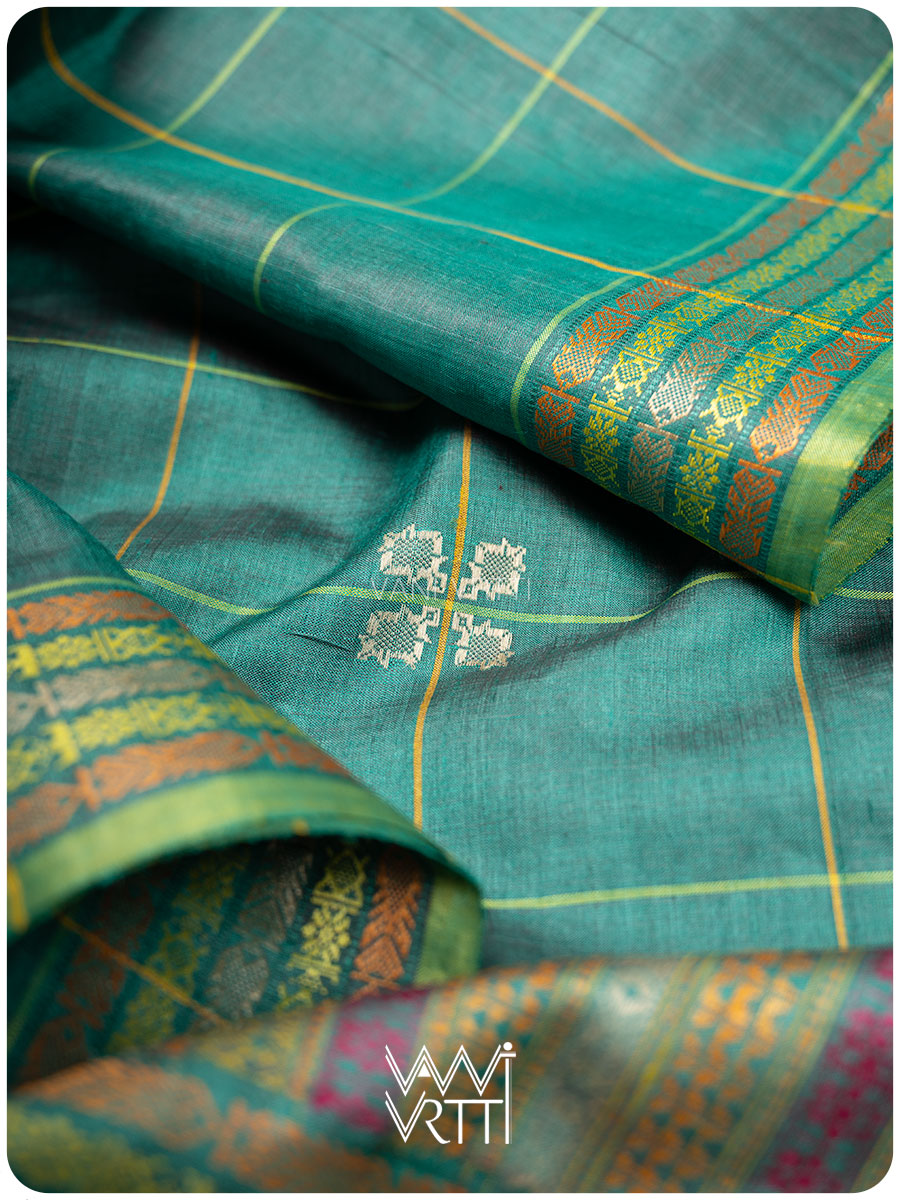 Emerald Green Matsya Kachhap Checks Handspun Tussar Silk Saree