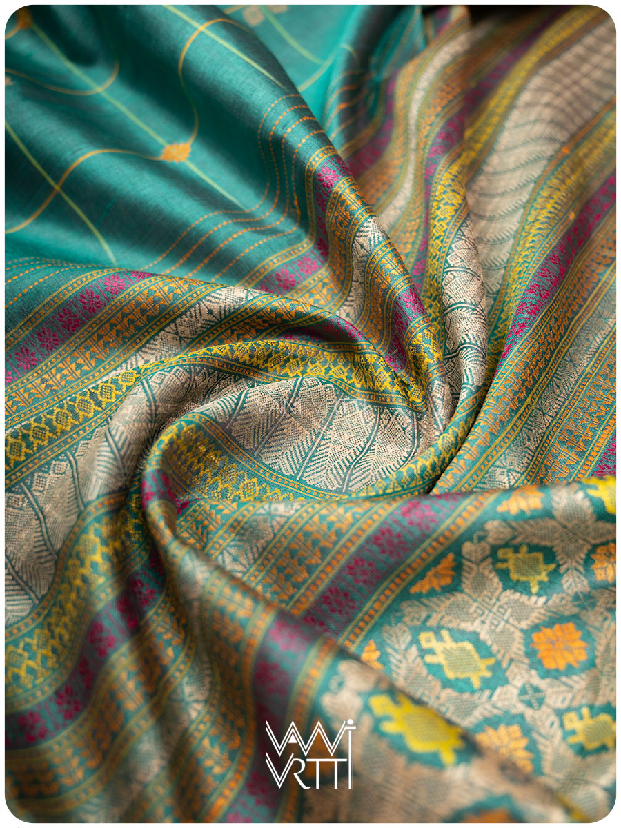 Emerald Green Matsya Kachhap Checks Handspun Tussar Silk Saree