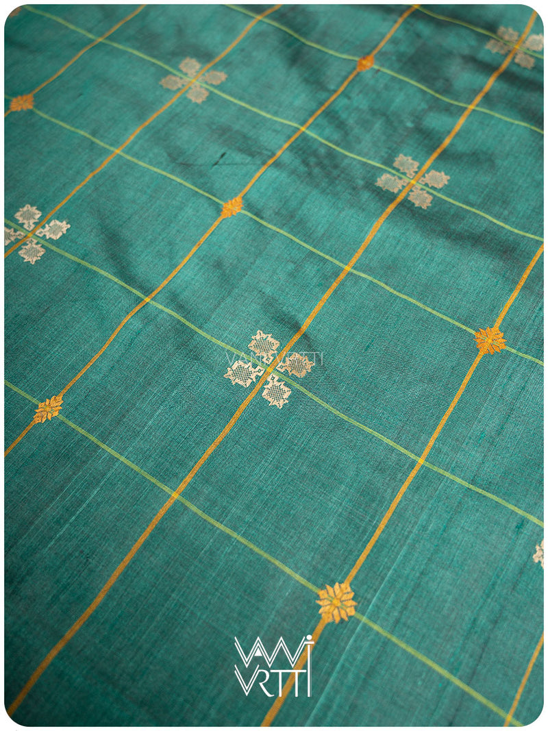 Emerald Green Matsya Kachhap Checks Handspun Tussar Silk Saree