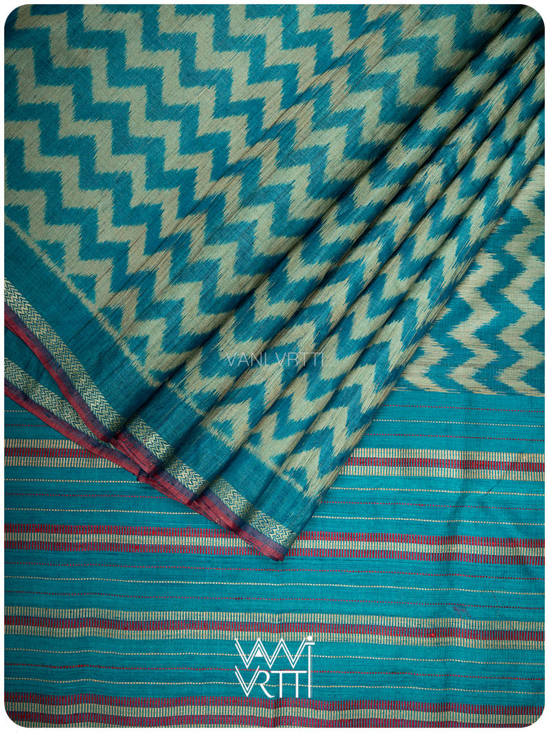 Firozi Aziz Ikat Handspun Tussar Silk Saree