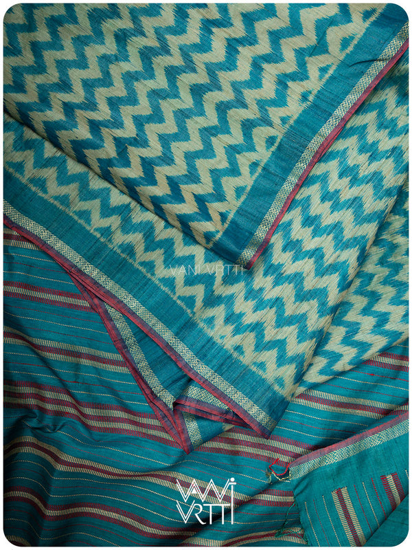 Firozi Aziz Ikat Handspun Tussar Silk Saree