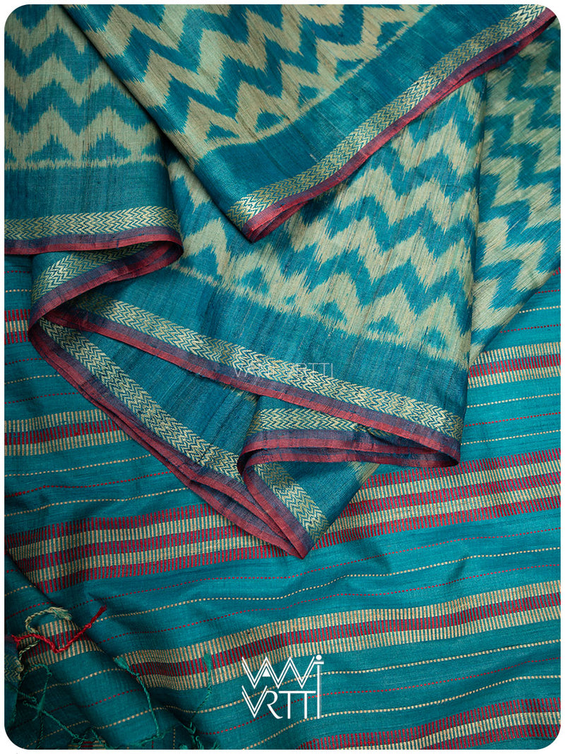 Firozi Aziz Ikat Handspun Tussar Silk Saree