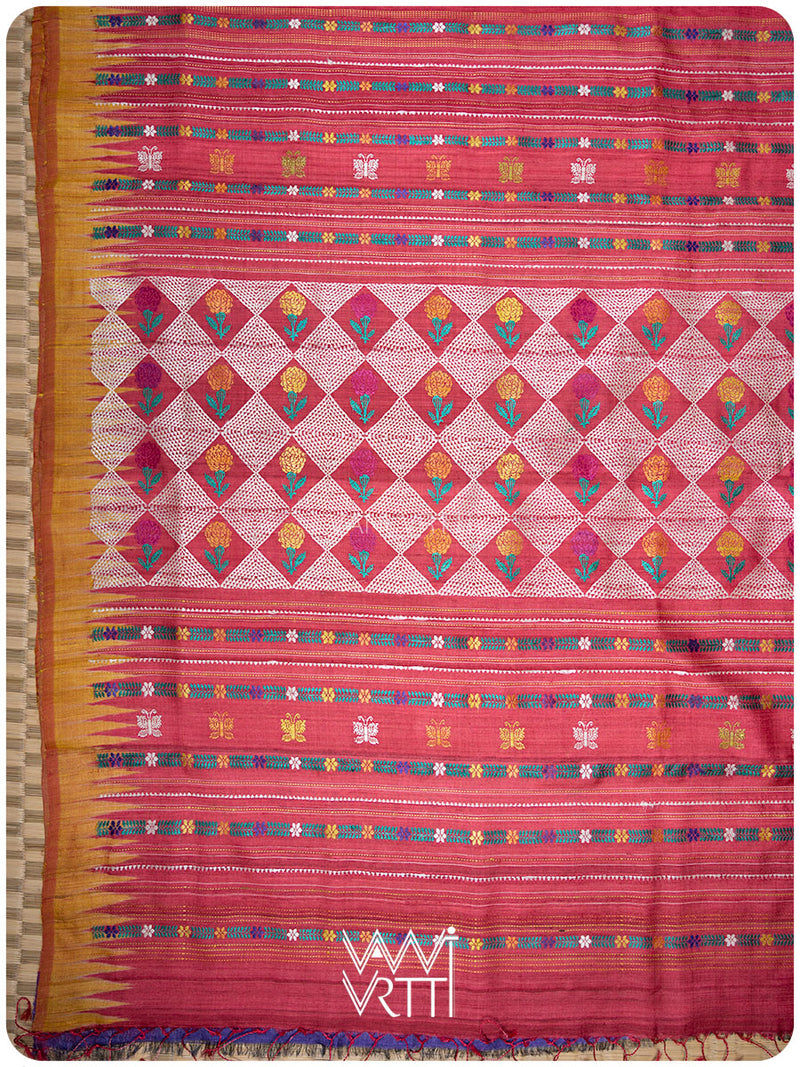 Red Mustard Rust Marigold Wild Garden Master Weave Exclusive Handspun Tussar Silk Saree