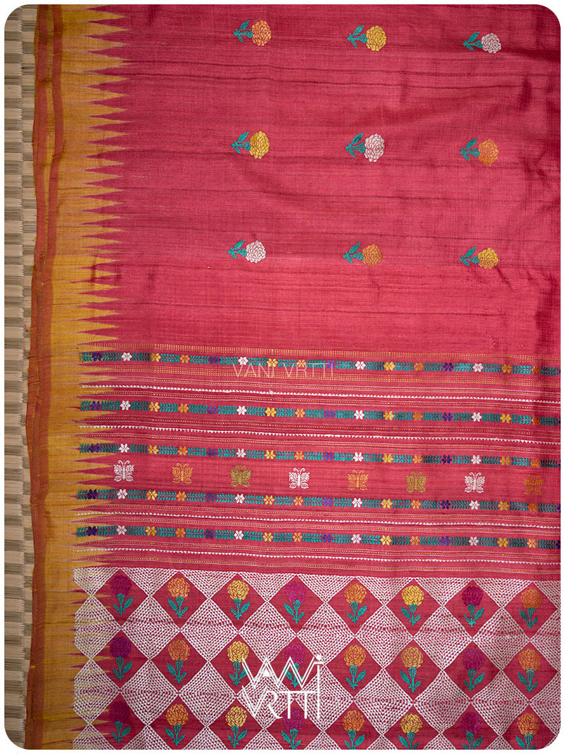 Red Mustard Rust Marigold Wild Garden Master Weave Exclusive Handspun Tussar Silk Saree