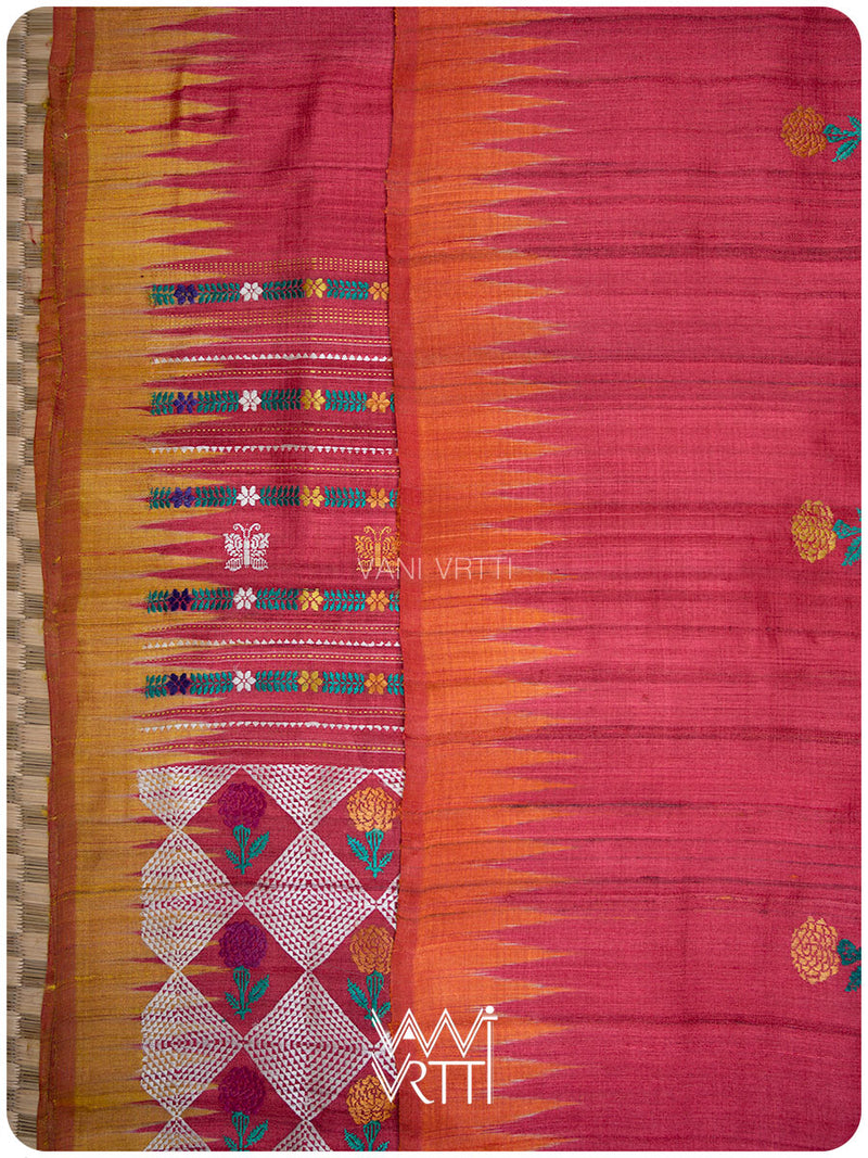 Red Mustard Rust Marigold Wild Garden Master Weave Exclusive Handspun Tussar Silk Saree