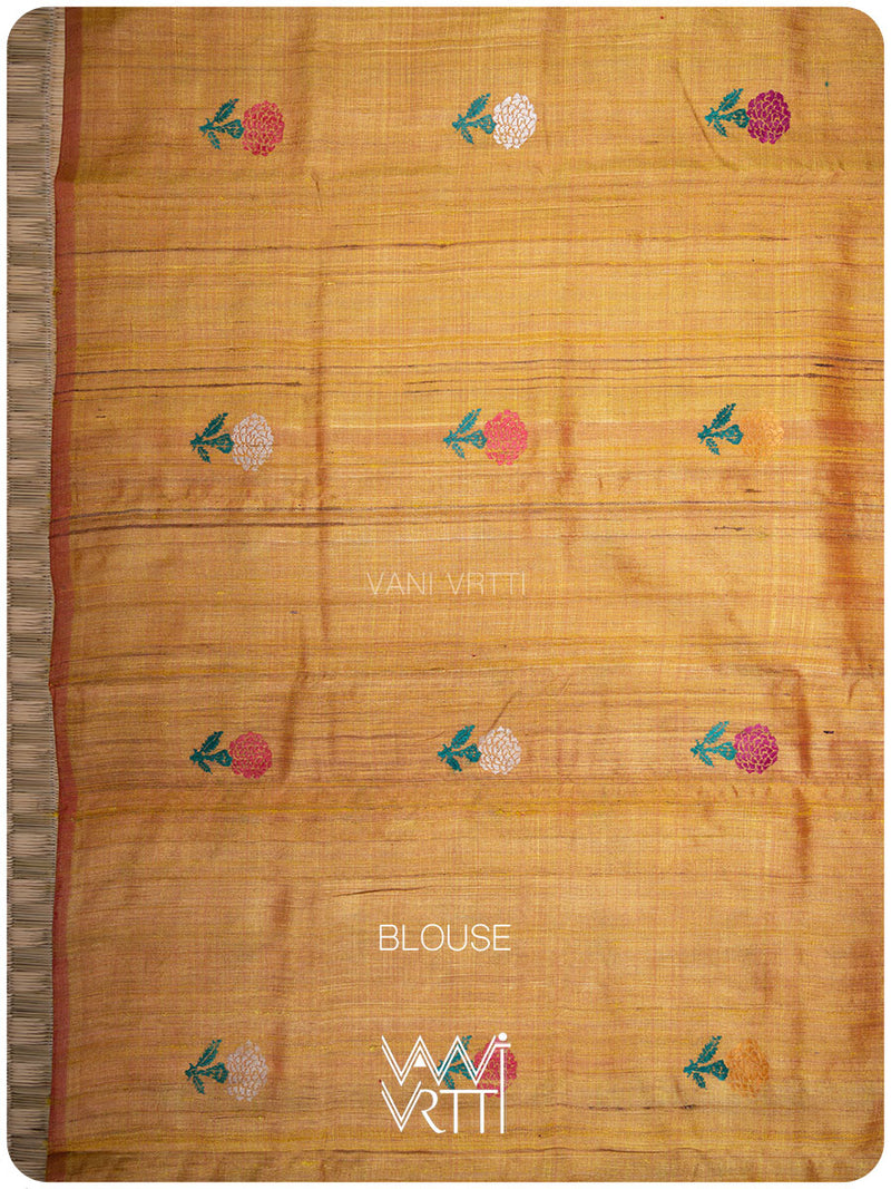 Red Mustard Rust Marigold Wild Garden Master Weave Exclusive Handspun Tussar Silk Saree