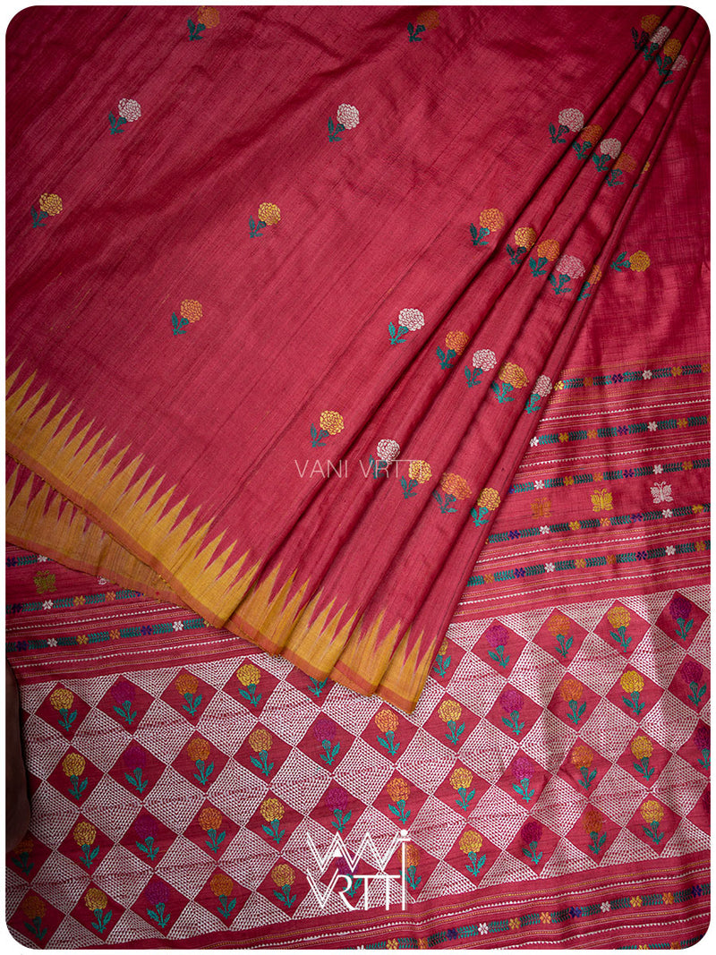 Red Mustard Rust Marigold Wild Garden Master Weave Exclusive Handspun Tussar Silk Saree