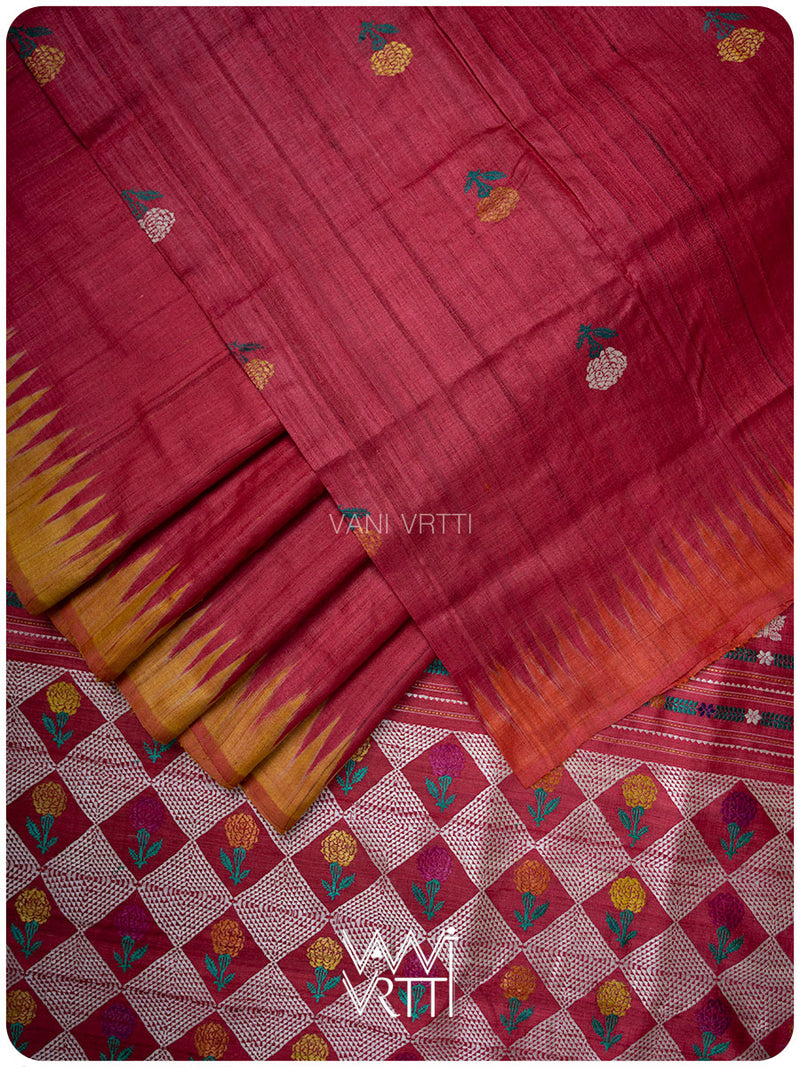 Red Mustard Rust Marigold Wild Garden Master Weave Exclusive Handspun Tussar Silk Saree