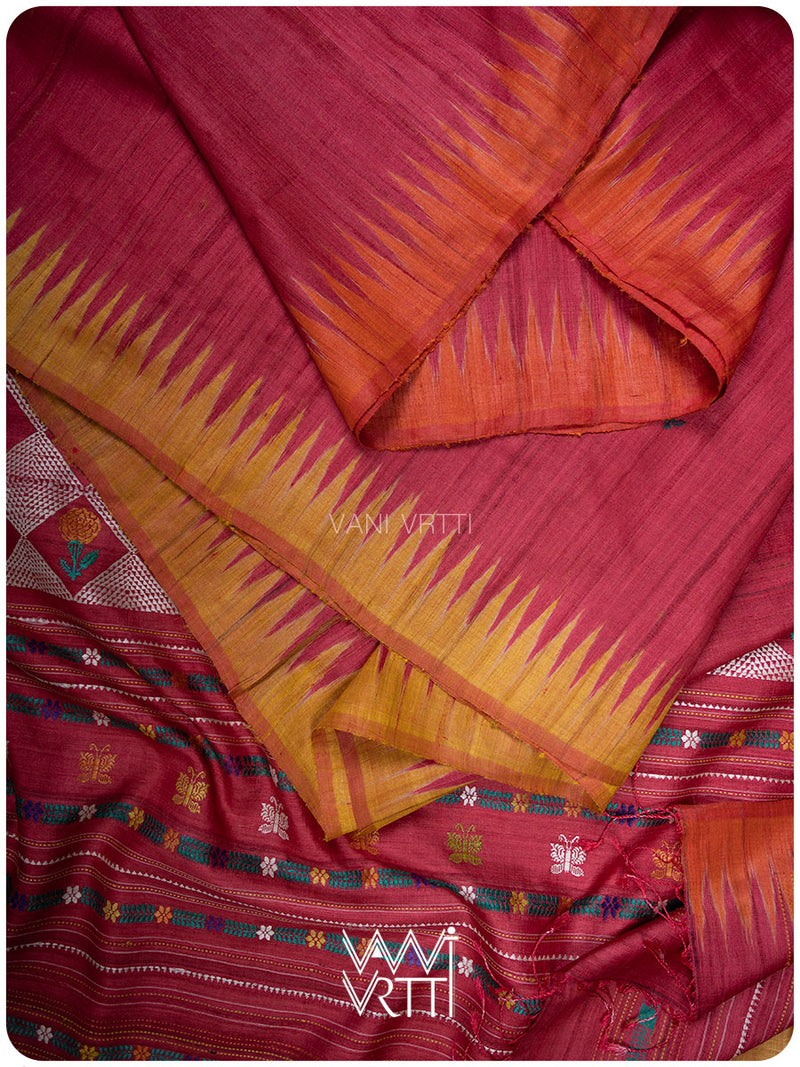 Red Mustard Rust Marigold Wild Garden Master Weave Exclusive Handspun Tussar Silk Saree