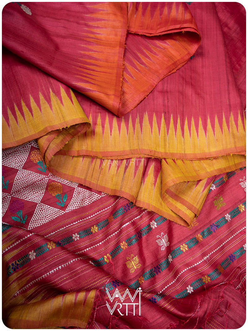 Red Mustard Rust Marigold Wild Garden Master Weave Exclusive Handspun Tussar Silk Saree